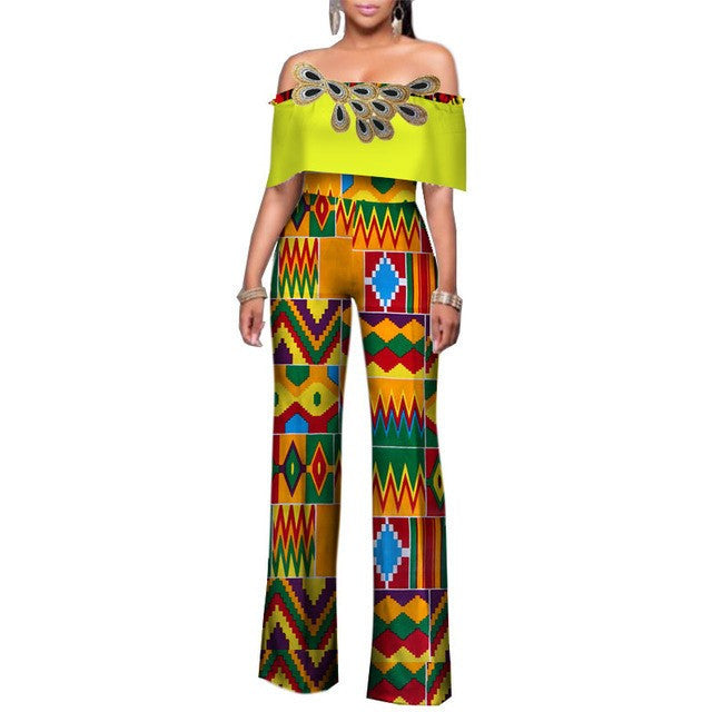 Printed Jumpsuit, Cotton One-Shoulder Wide-Leg Pants, African Fashion