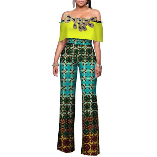 Printed Jumpsuit, Cotton One-Shoulder Wide-Leg Pants, African Fashion