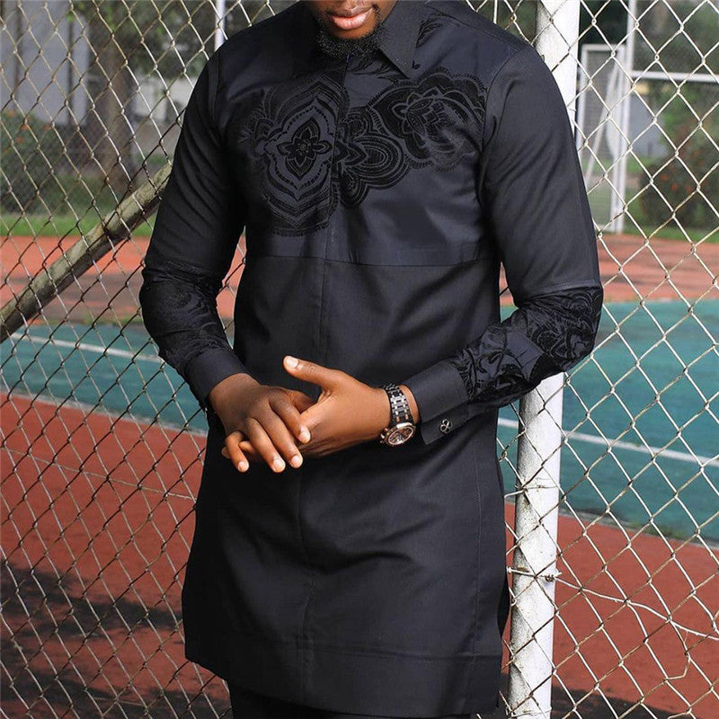 Black Cotton Lapel African Indian Style Men's Shirt