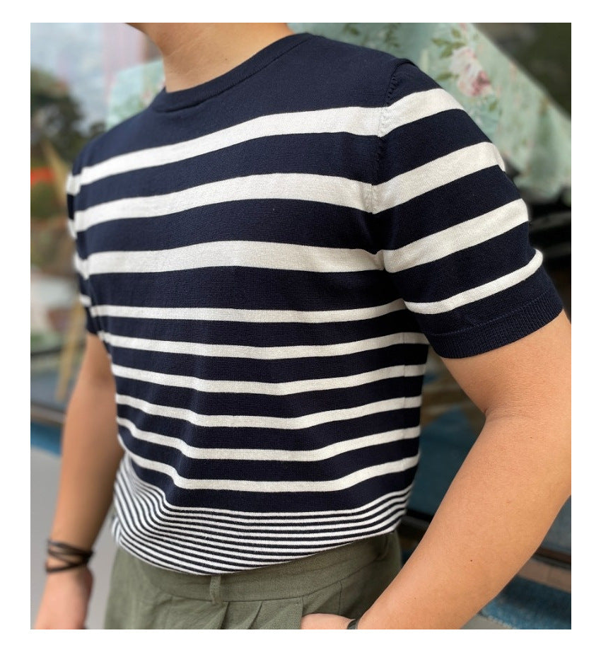 Men's Short-sleeved Polo Shirt Retro Gradient Striped Knitted T-shirt