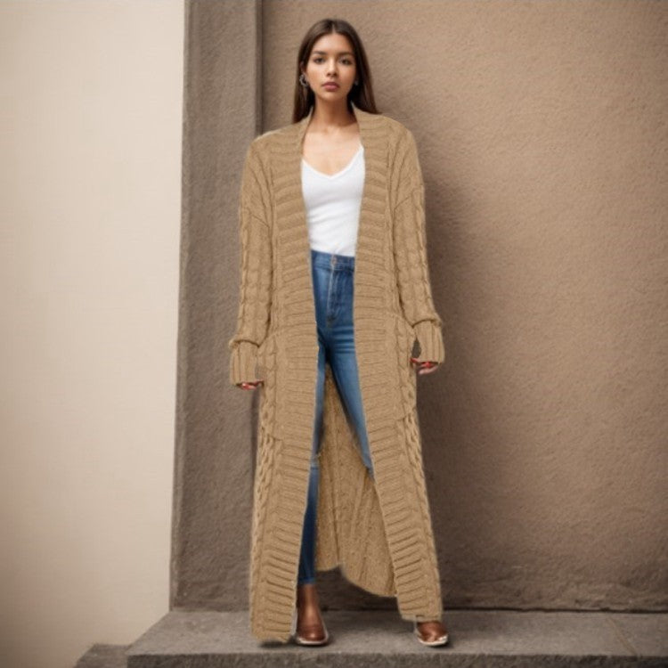 Women's Long Cable-knit Sweater Coat With Pockets