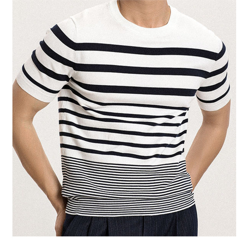 Men's Short-sleeved Polo Shirt Retro Gradient Striped Knitted T-shirt