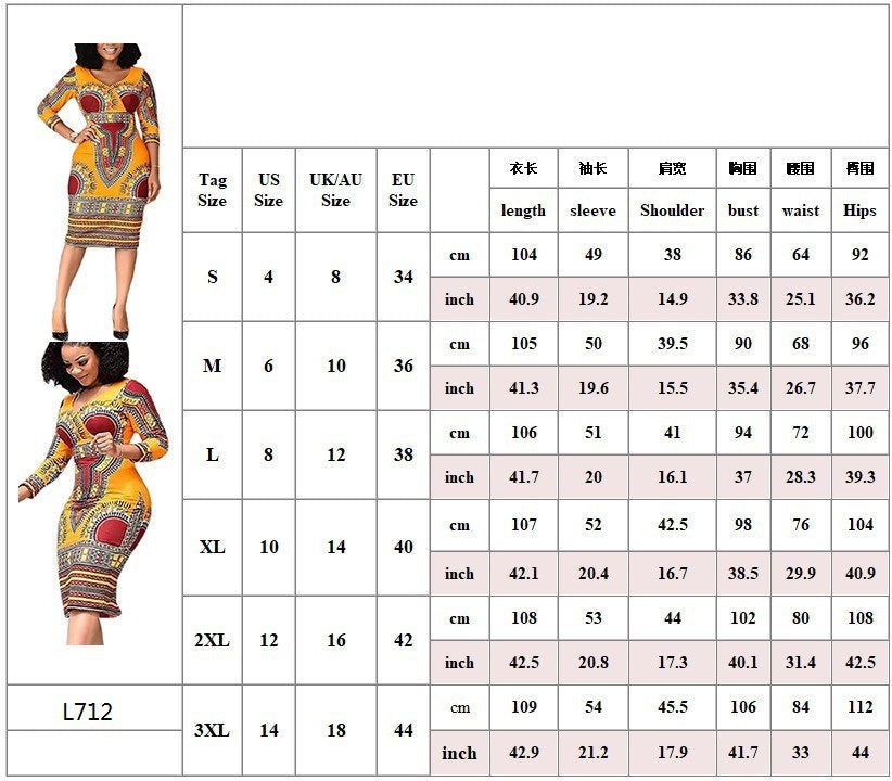 V-neck 34 Sleeves Printed Slim-fit Sheath Dress African Ethnic Style Dress