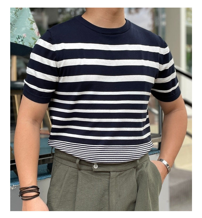 Men's Short-sleeved Polo Shirt Retro Gradient Striped Knitted T-shirt