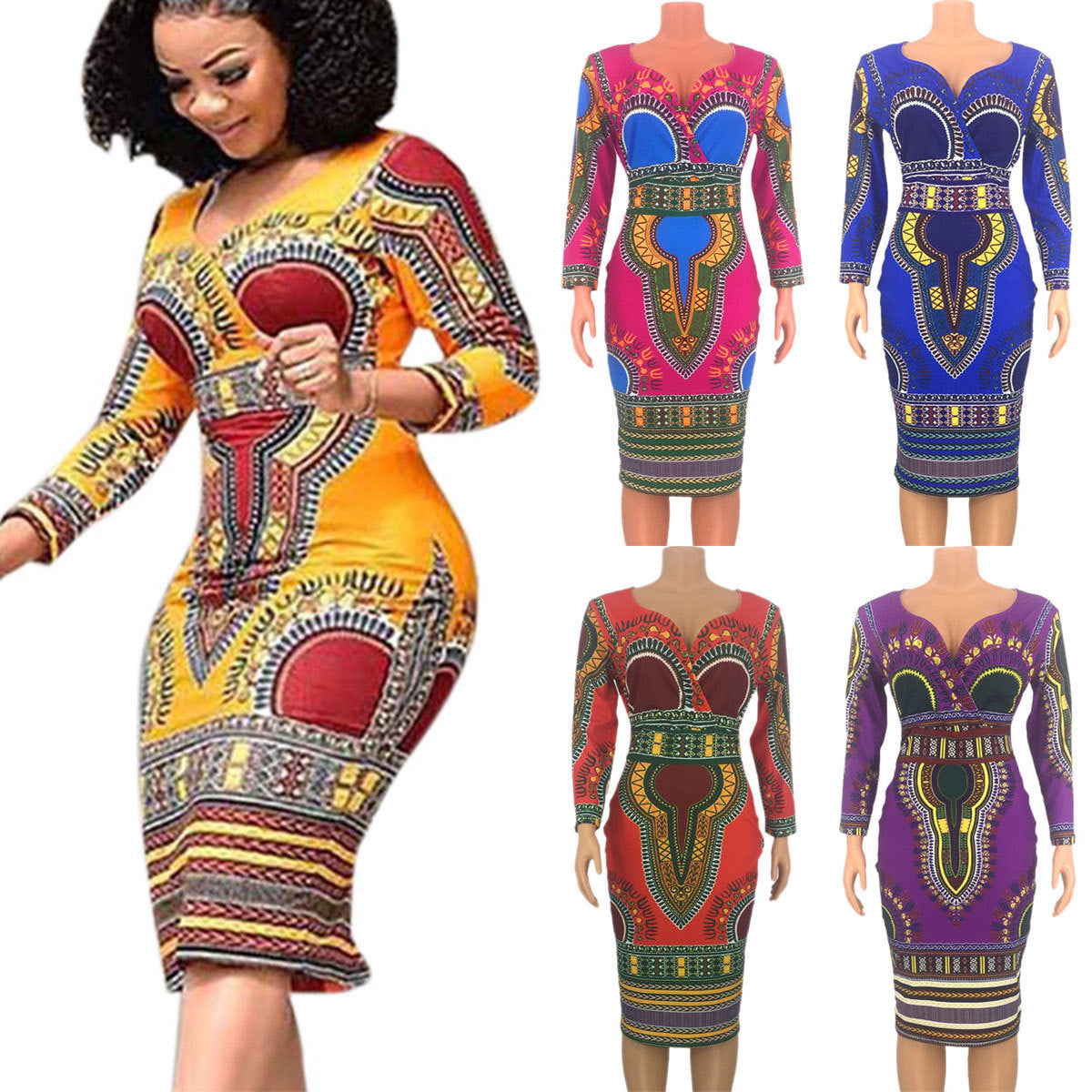 V-neck 34 Sleeves Printed Slim-fit Sheath Dress African Ethnic Style Dress