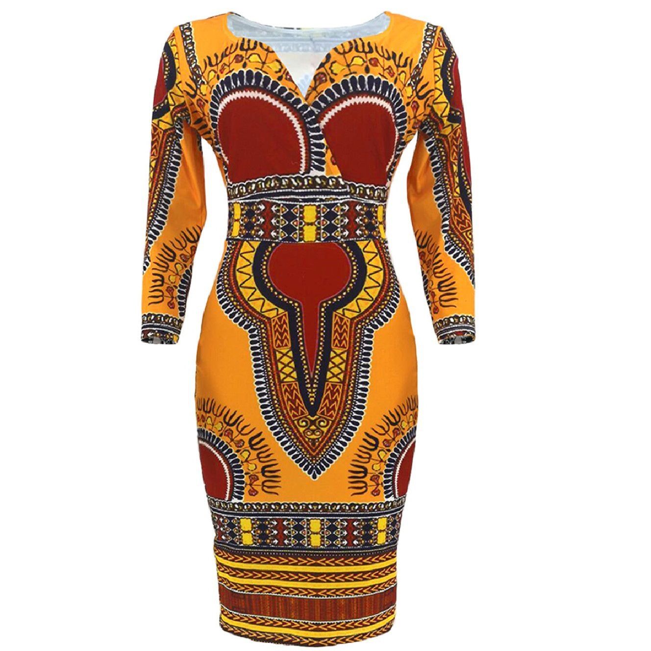 V-neck 34 Sleeves Printed Slim-fit Sheath Dress African Ethnic Style Dress