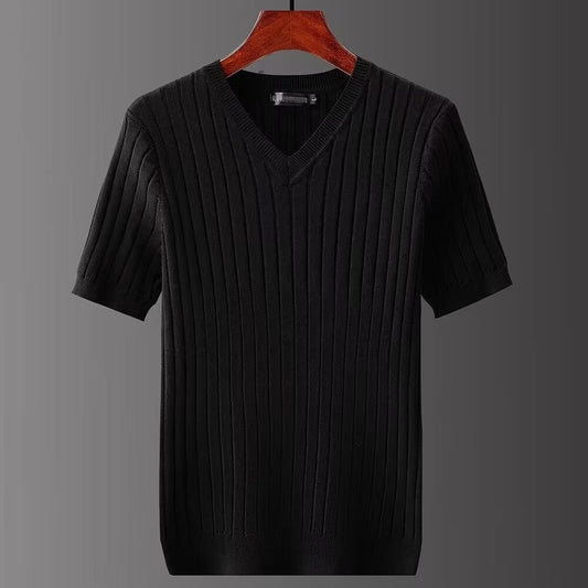 Men's Short-sleeved V-neck Knitted T-shirt