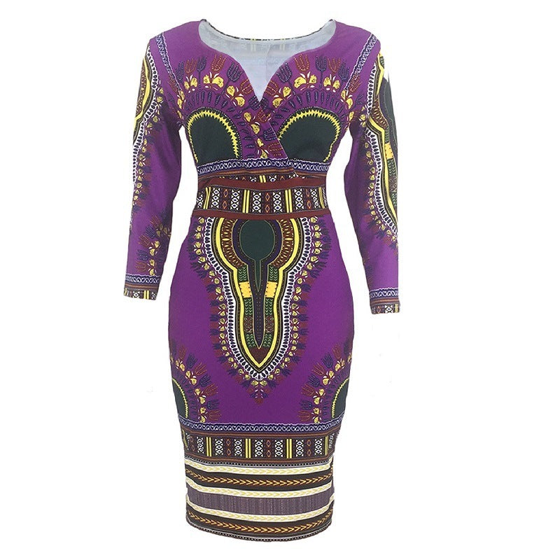 V-neck 34 Sleeves Printed Slim-fit Sheath Dress African Ethnic Style Dress