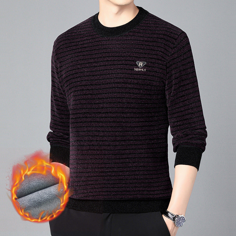 Men's Fashion Velvet Padded Thick Round Neck Striped Sweater