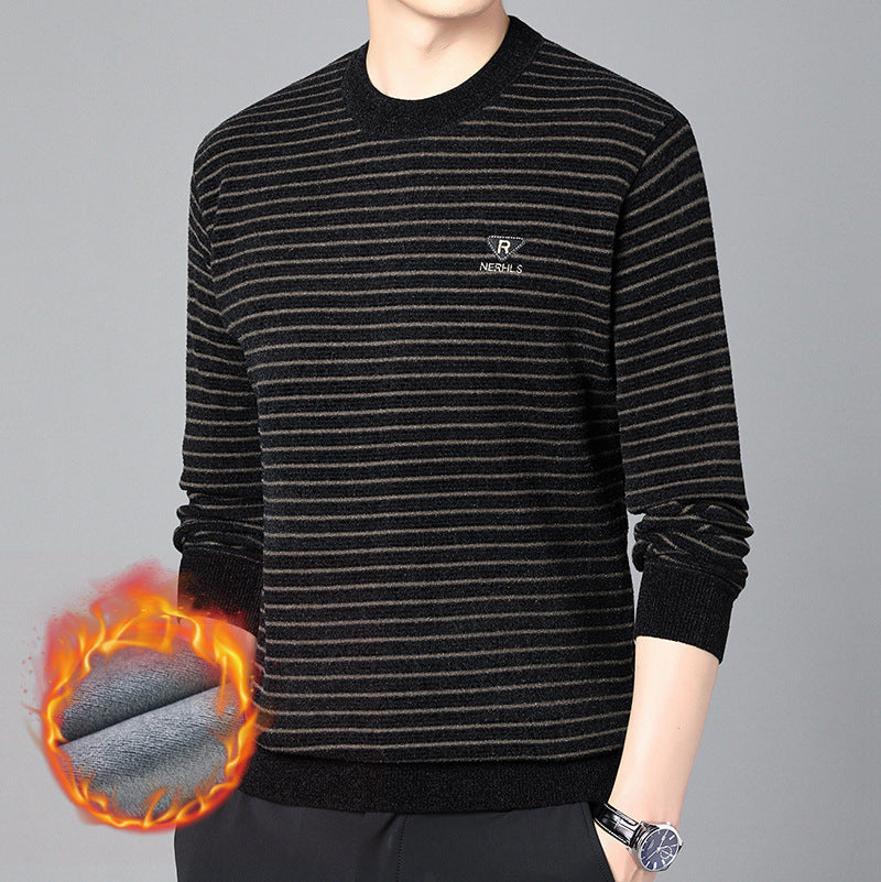 Men's Fashion Velvet Padded Thick Round Neck Striped Sweater