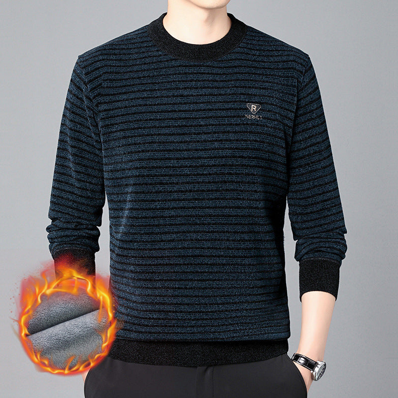 Men's Fashion Velvet Padded Thick Round Neck Striped Sweater