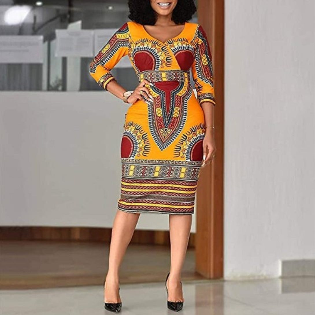 V-neck 34 Sleeves Printed Slim-fit Sheath Dress African Ethnic Style Dress