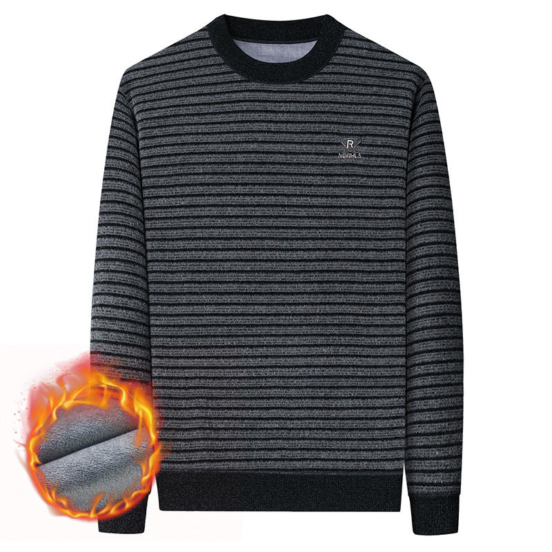 Men's Fashion Velvet Padded Thick Round Neck Striped Sweater