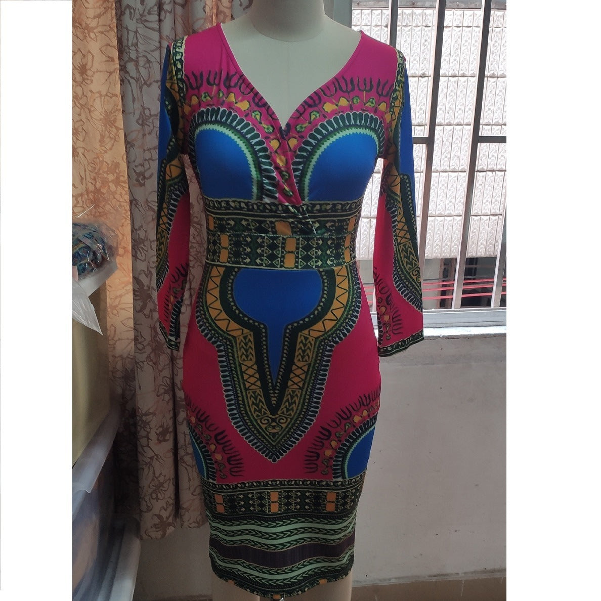 V-neck 34 Sleeves Printed Slim-fit Sheath Dress African Ethnic Style Dress