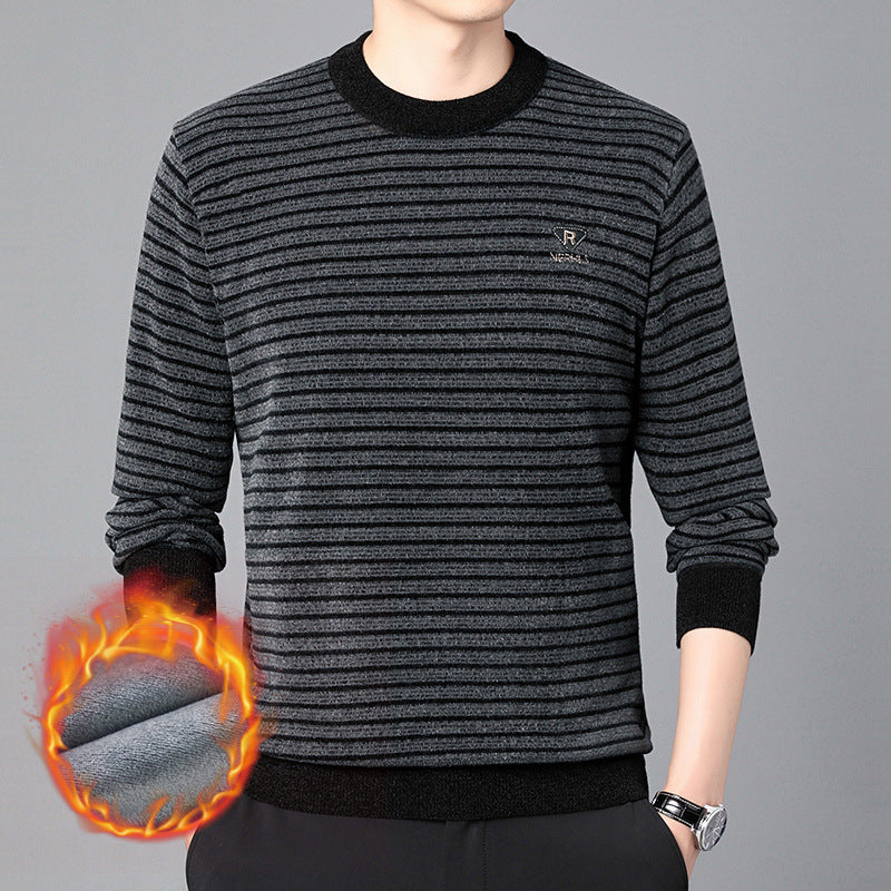 Men's Fashion Velvet Padded Thick Round Neck Striped Sweater